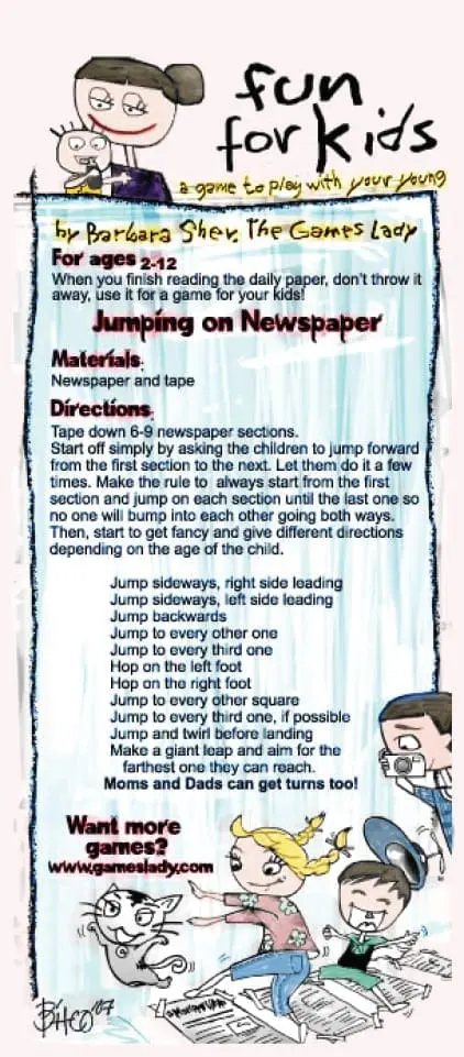 A game for kids called "Jumping on Newspaper" with illustrated instructions and cartoon children.