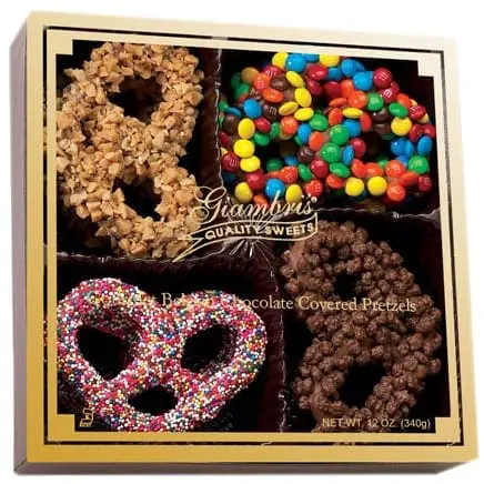 Giambris Quality Sweets box with four varieties of pretzels, including chocolate covered and candy-covered.