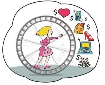 Woman running on a wheel with symbols of various life pursuits above her.
