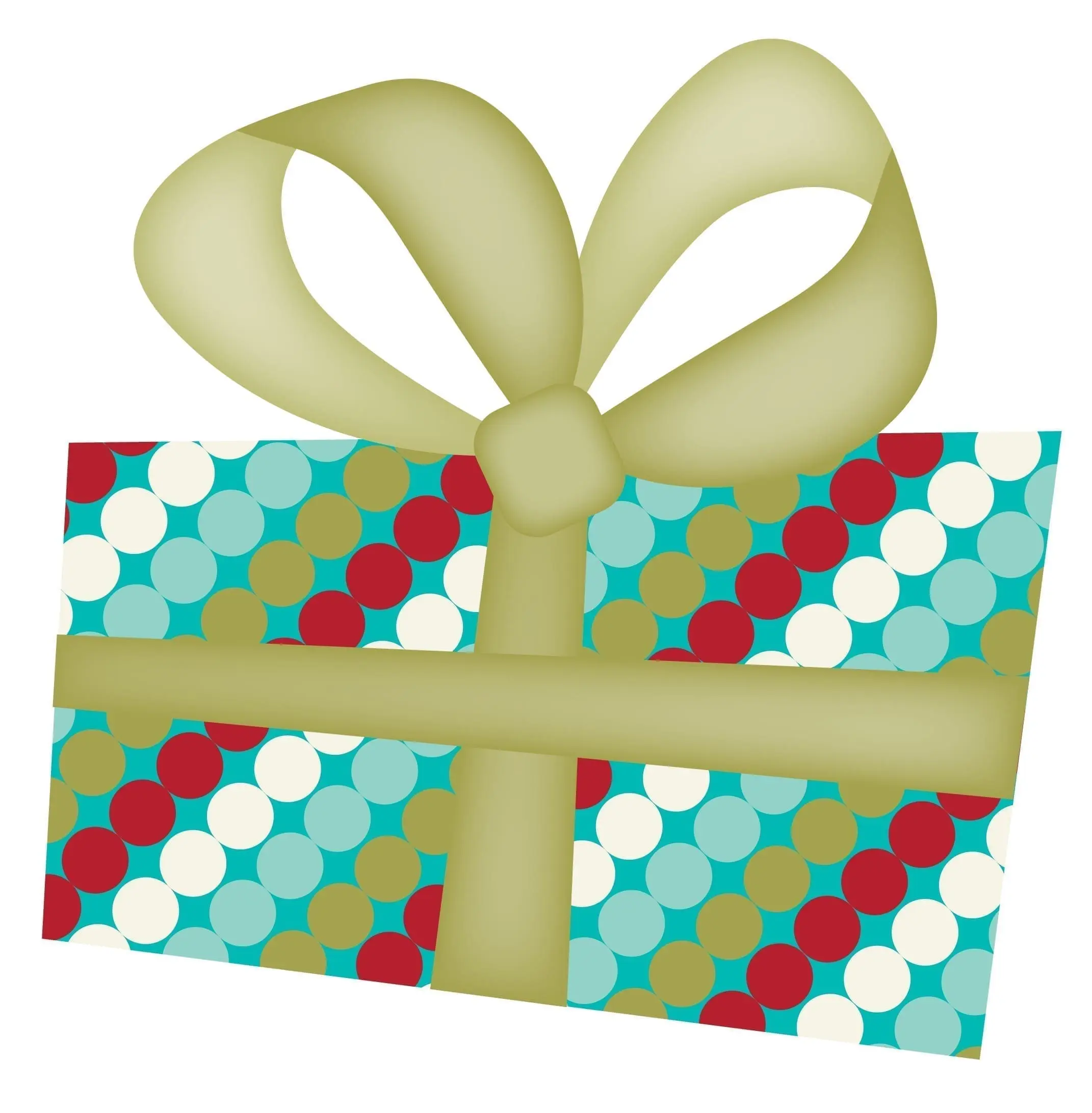 Gift-wrapped present with a teal, red, and white polka dot pattern.