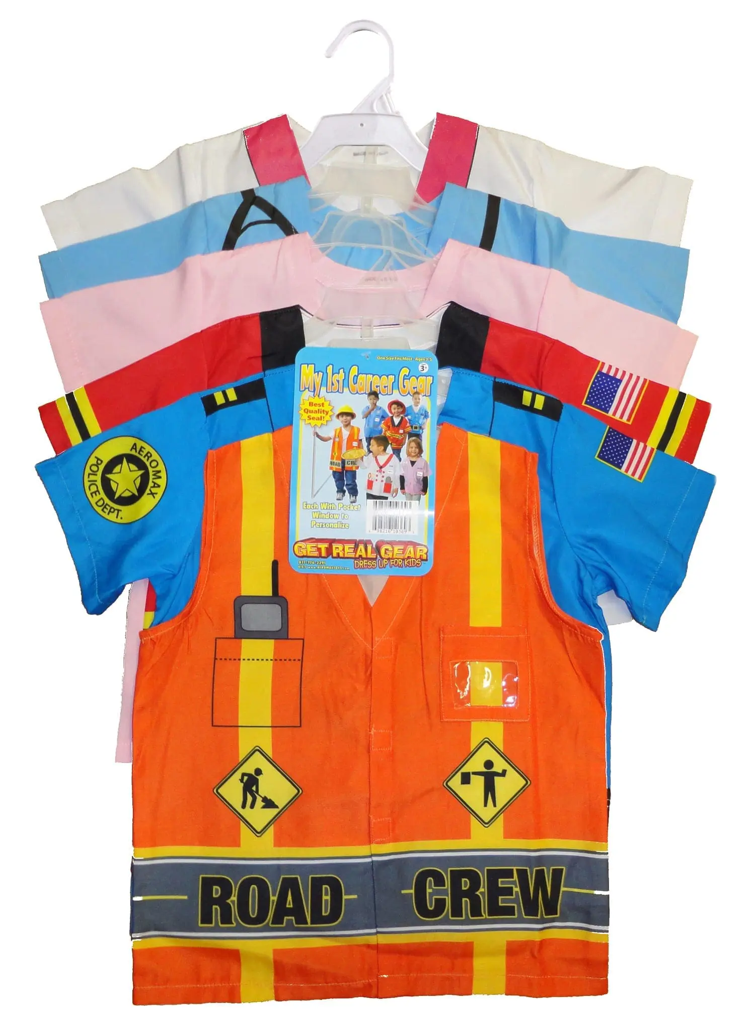 Several children's costumes for first responders including a road crew vest.