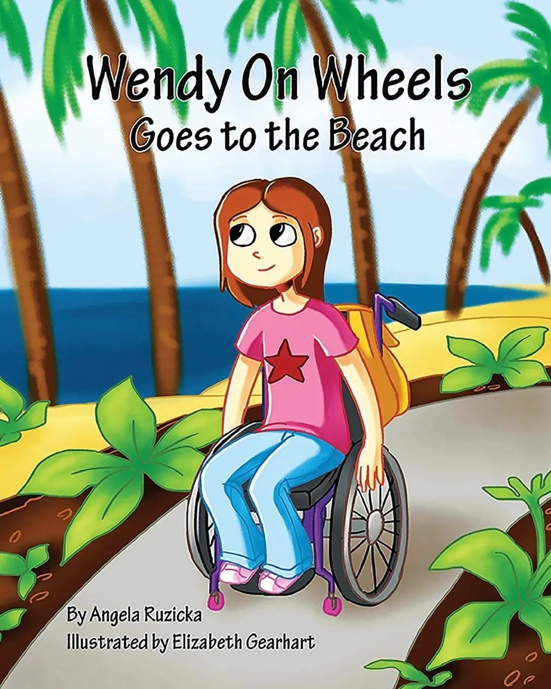 Wendy sits in her wheelchair on a path leading to a beach, palm trees in the background.