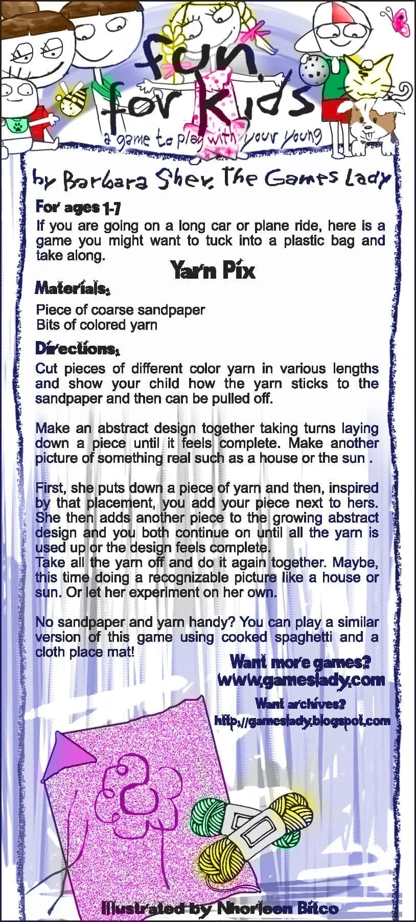 Yarn Pix" craft instructions with a pink bag and yarn.