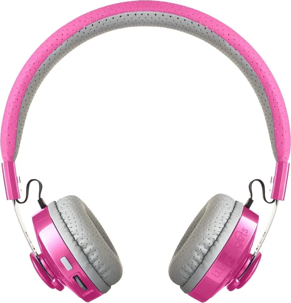 Pink headphones with gray ear pads.
