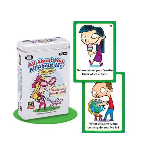 A tin can and three cards from the "All About You, All About Me" Fun Deck game.