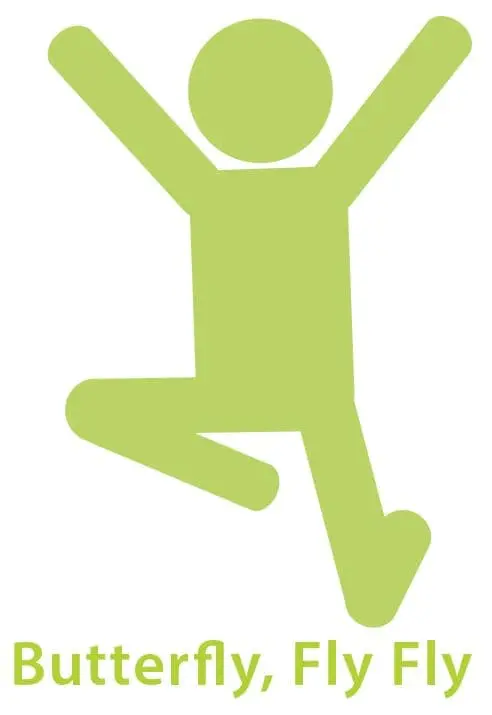Stylized green icon of a person jumping with arms raised and one leg bent, representing the butterfly yoga pose.