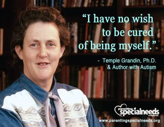 Temple Grandin, Ph.D. & author with autism, smiling in front of bookshelves.