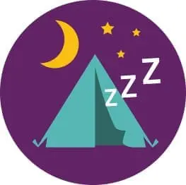 Tent under a night sky with a moon, stars, and "Zzz