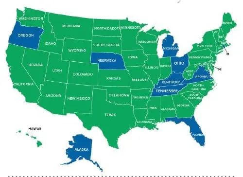 Map of the US showing states with ABLE programs in green and those without in blue.