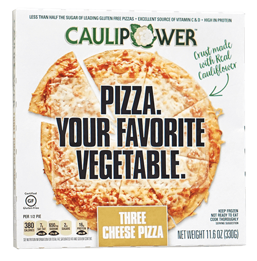 Caulipower Three Cheese Pizza packaging with a whole pizza on the front.