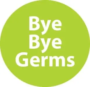 Bright green circle containing the white text Bye Bye Germs.
