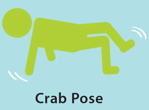 Green graphic of a person in a crab yoga pose with the text "Crab Pose" below.