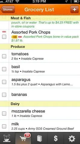 Grocery list app showing meat, produce, and dairy items.