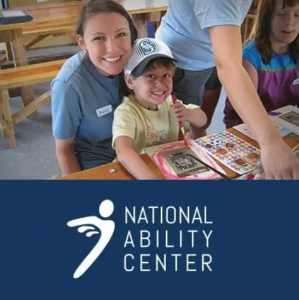 National Ability Center logo with a woman and two children at a table.