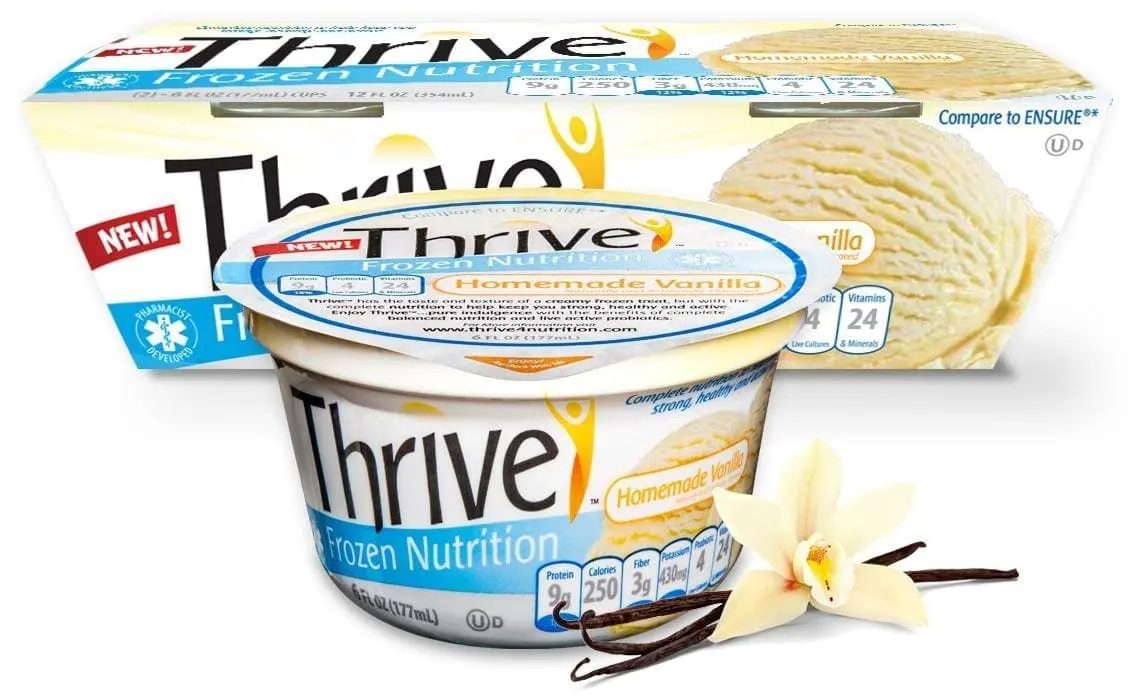 Two containers of Thrive Frozen Nutrition ice cream, one open, with a scoop of vanilla ice cream and vanilla beans.