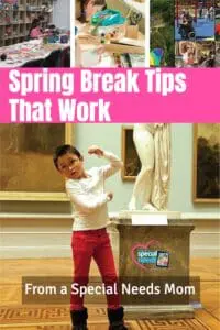 Collage of images about spring break activities and a child posing in front of a statue.