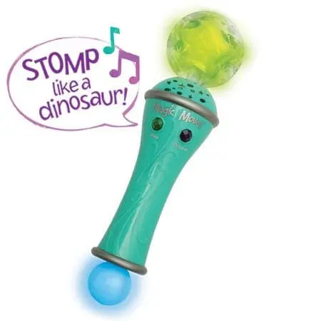 Magic Moves Electronic Wand toy with a speech bubble that says "STOMP like a dinosaur!".