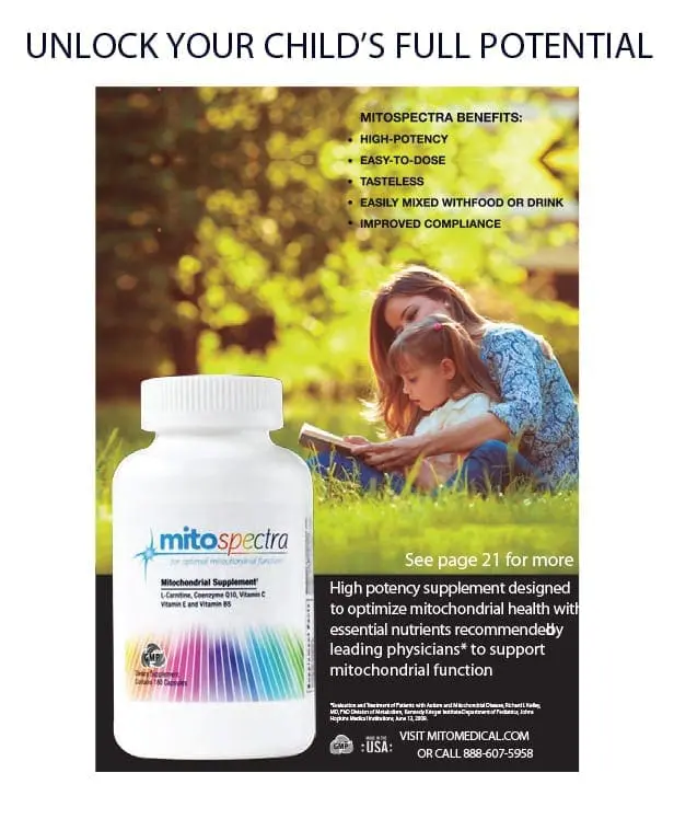 Bottle of Mitomedical supplement with a woman and child in the background.