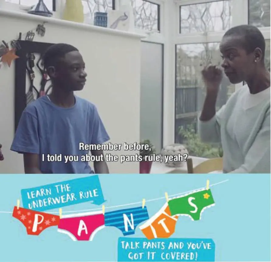 A video still shows two people talking, with a graphic below displaying underwear spelling out "PANTS.