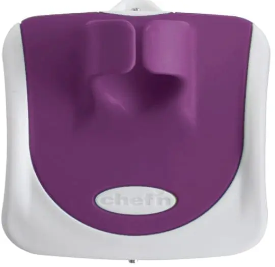 Purple and white palm-held peeler with the Chef'n logo.