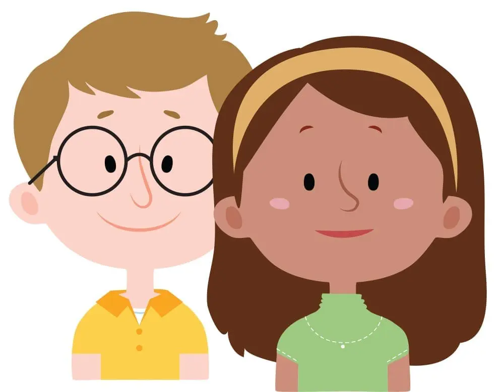 Two children, one with glasses, pose together.