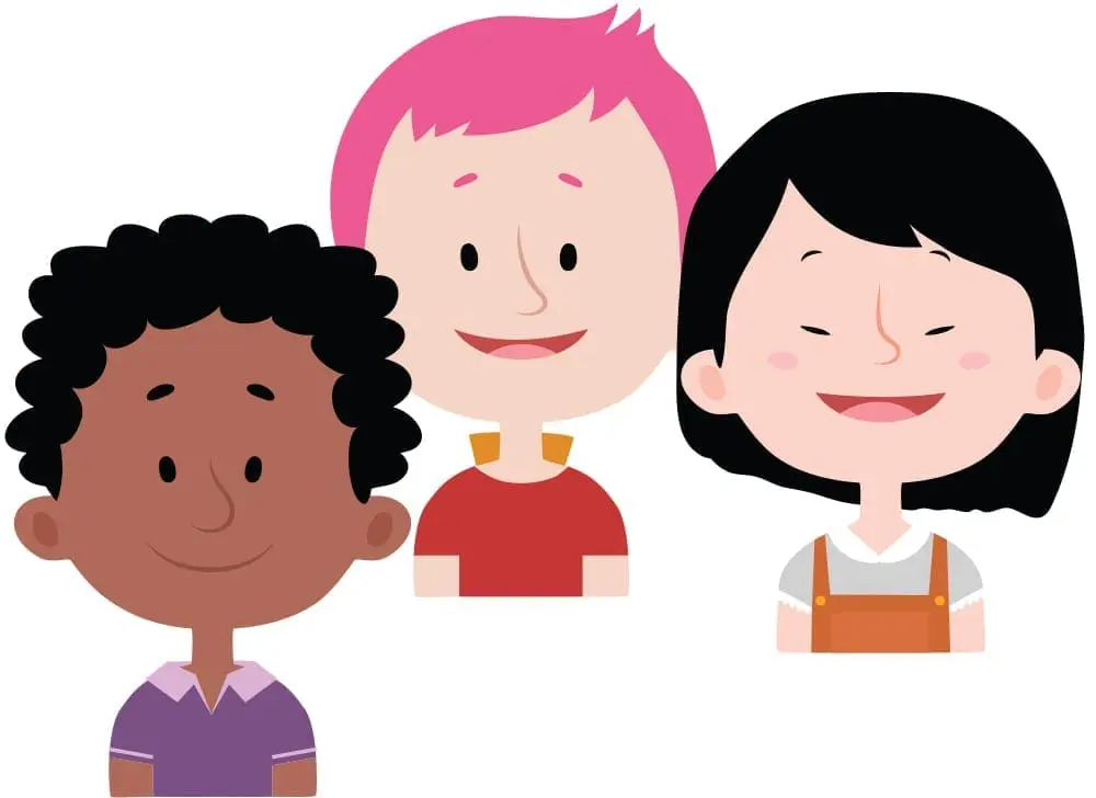 Three cartoon children with different hair colors and skin tones smiling.