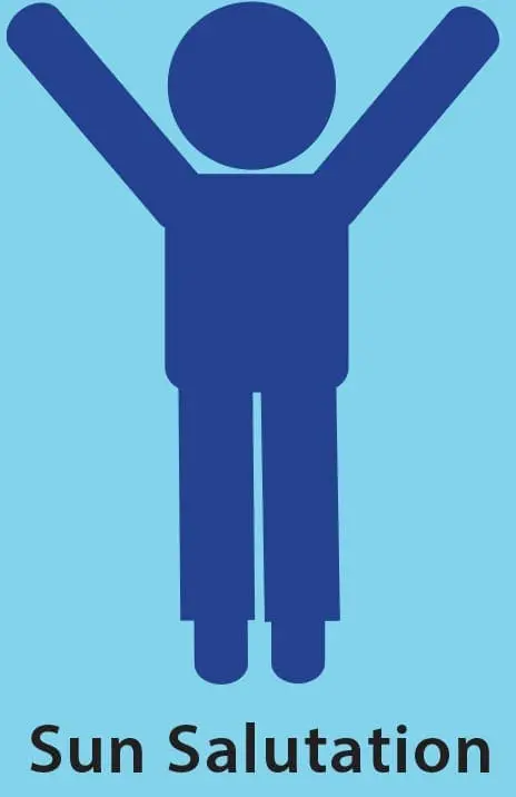 A blue silhouette of a person with arms raised overhead stands against a light blue background, with the text "Sun Salutation" below.
