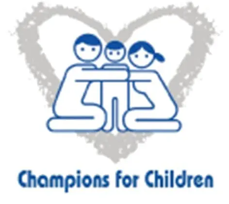 Stylized depiction of a family embracing within a heart shape, with the text "Champions for Children" below.
