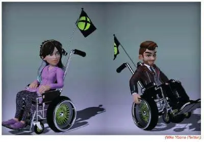 Two Xbox avatars in wheelchairs with Xbox flags.