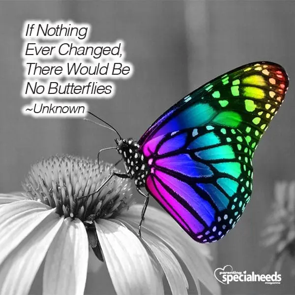 A rainbow-colored butterfly rests on a white flower with a quote about change.