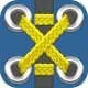 Close-up of yellow shoelaces tied in a crisscross pattern.