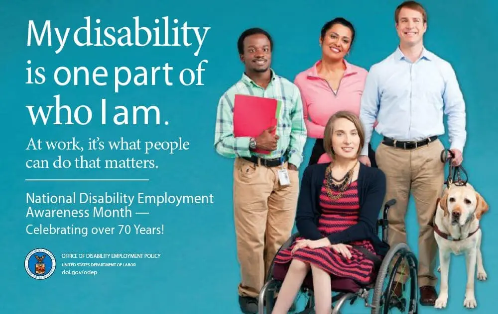 National Disability Employment Awareness Month poster with diverse people and a service dog.