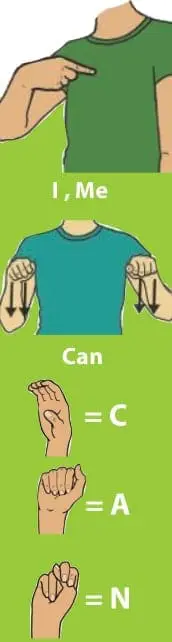 ASL signs for "I, Me" and "Can," with fingerspelling for C, A, and N.