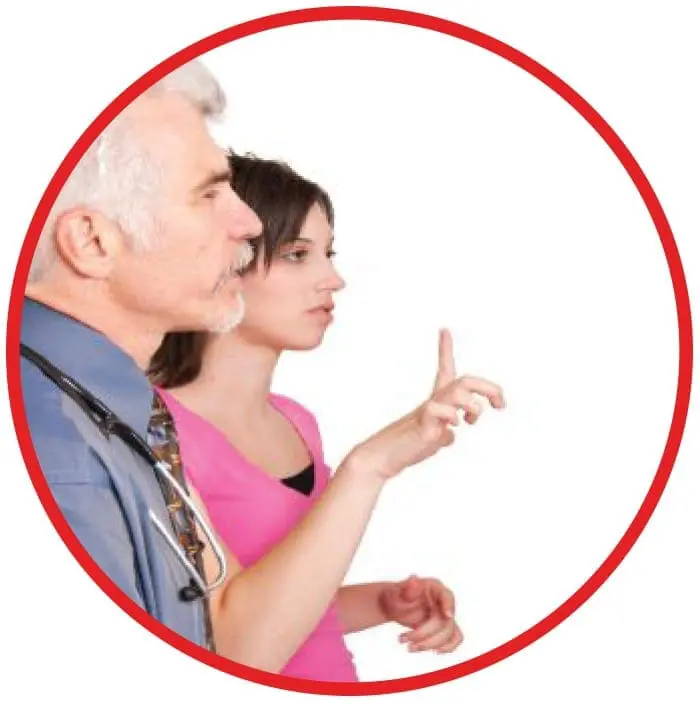 Angie Craft and interpreter in a red circle, both looking to the right.