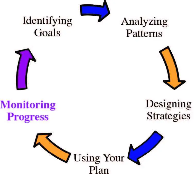 Circular diagram showing steps for positive behavior support: Identifying Goals, Analyzing Patterns, Designing Strategies, Using Your Plan, and Monitoring Progress.