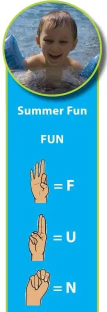 Summer Fun graphic with a child in water and ASL signs for F, U, and N.