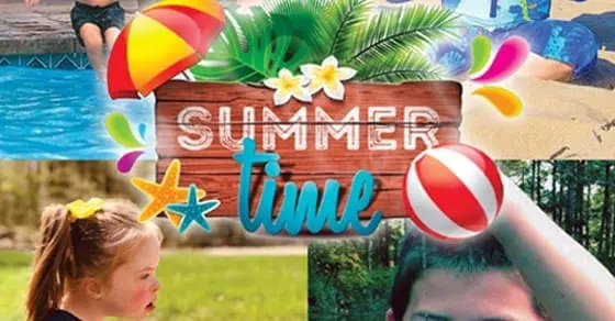 Collage of summer activities with a central sign reading "Summer Time
