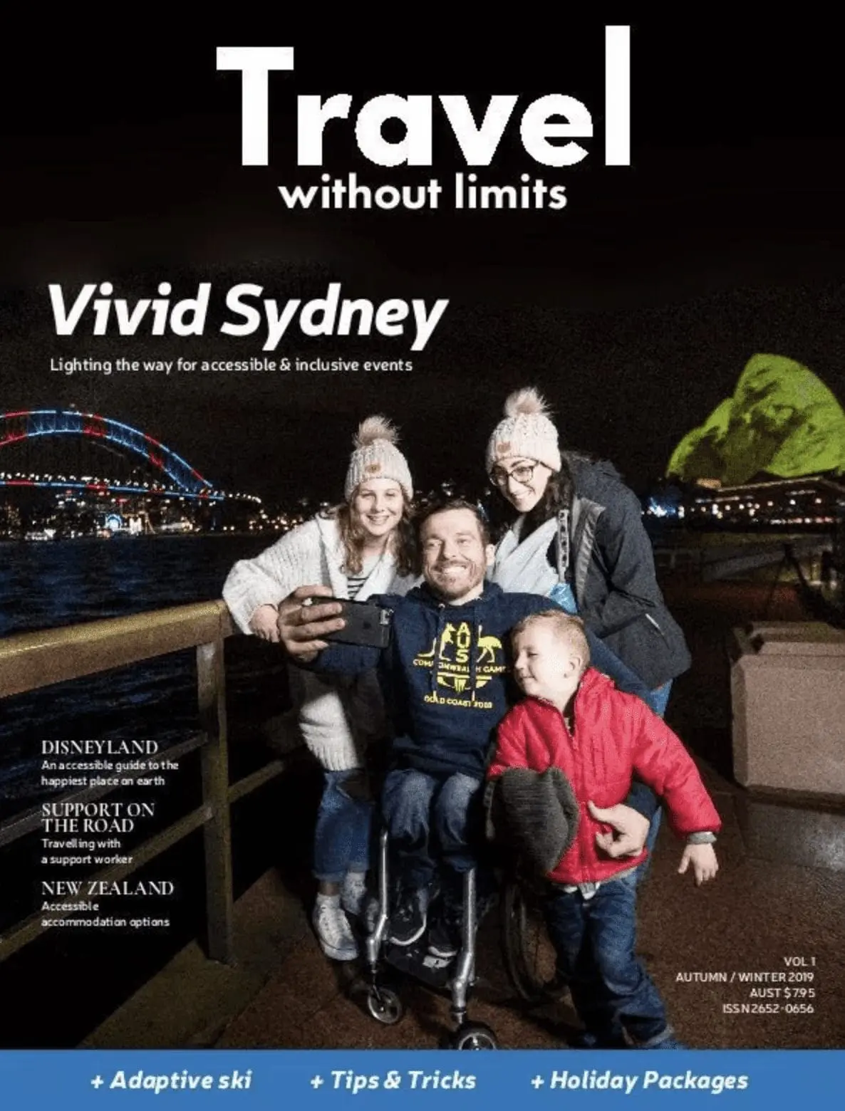 Cover of Travel Without Limits magazine featuring Vivid Sydney and a group of people.