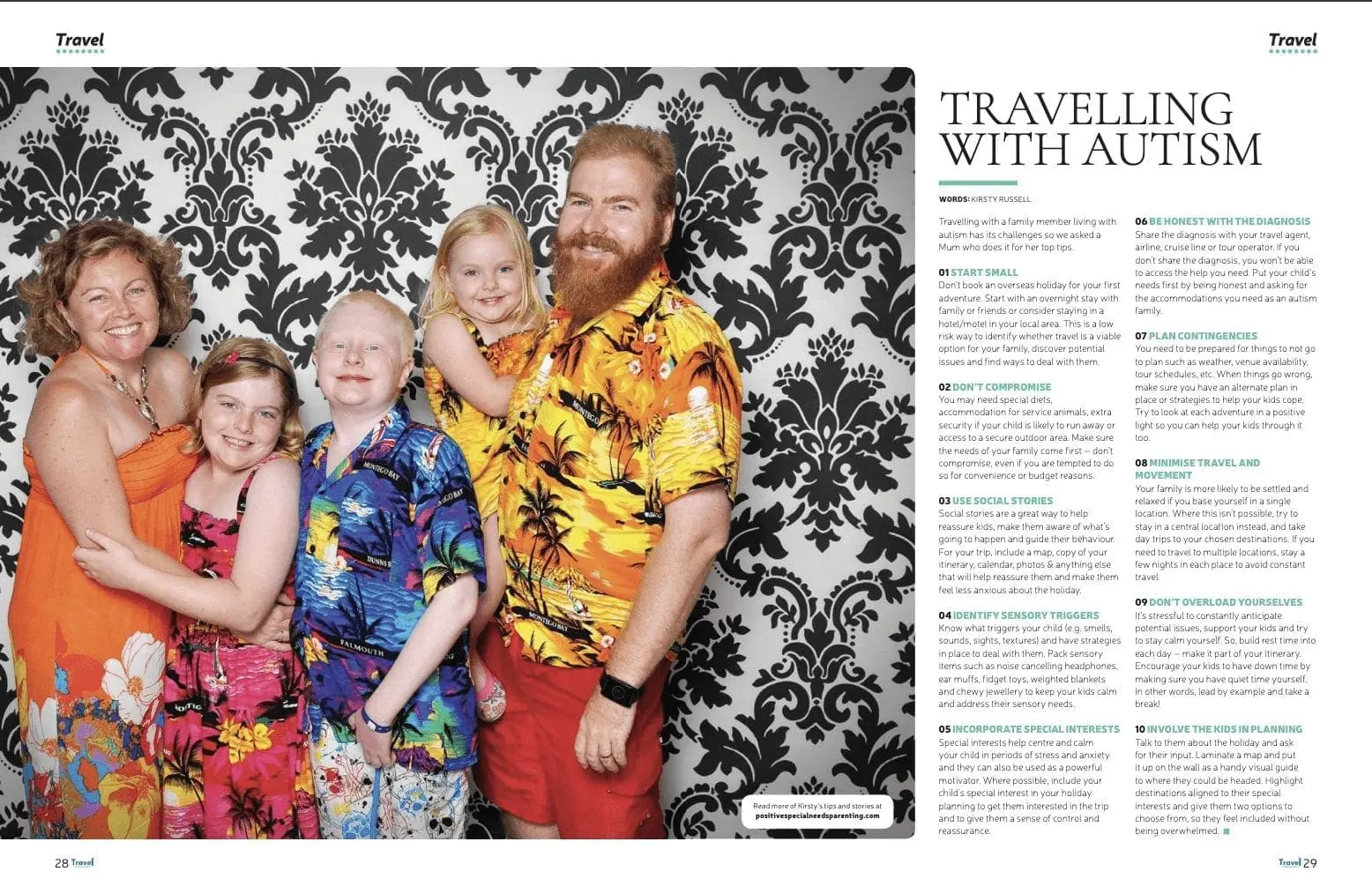 A family of four poses in front of a patterned wallpaper.