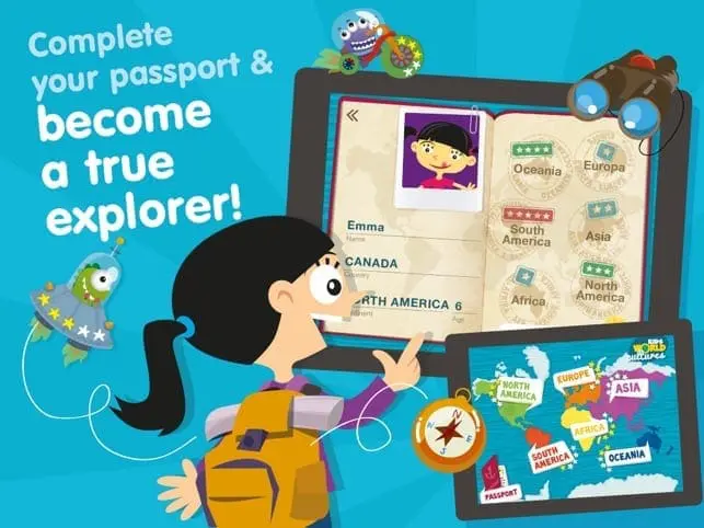 Illustration of a girl with a backpack pointing at a tablet displaying a passport and world map.