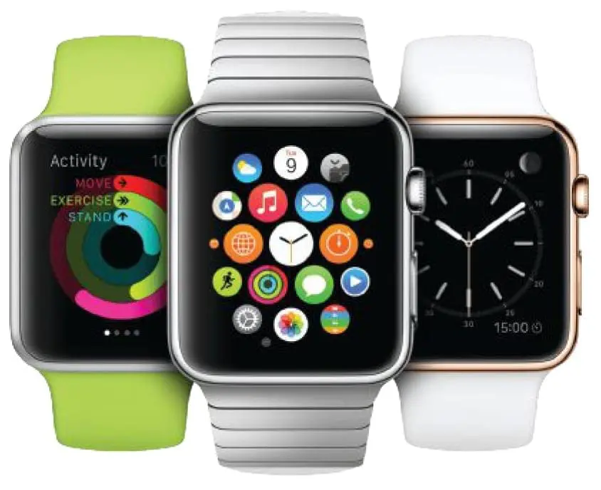Three Apple Watches with different watch faces and colored bands.