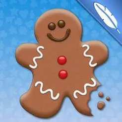 Gingerbread cookie with white icing and red buttons, with a bite taken out of its leg.