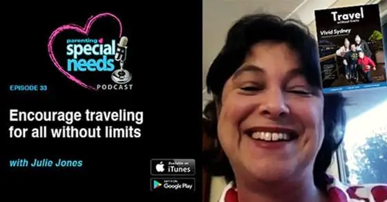 Julie Jones smiles in a split image with a podcast graphic titled "Encourage traveling for all without limits.