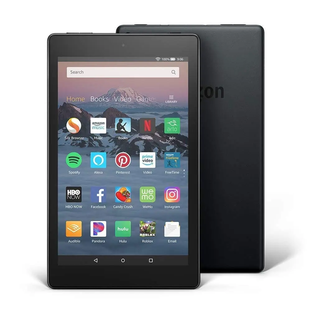 Fire HD 8 tablet with apps displayed on the screen.