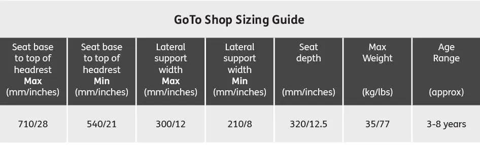 GoTo Shop Sizing Guide table with measurements for seat base, lateral support, seat depth, max weight, and age range.