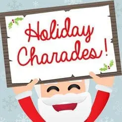 Santa holding a sign that says "Holiday Charades!