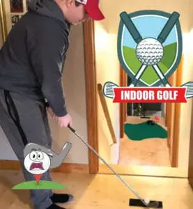 Person playing indoor golf with a cartoon golf ball character.