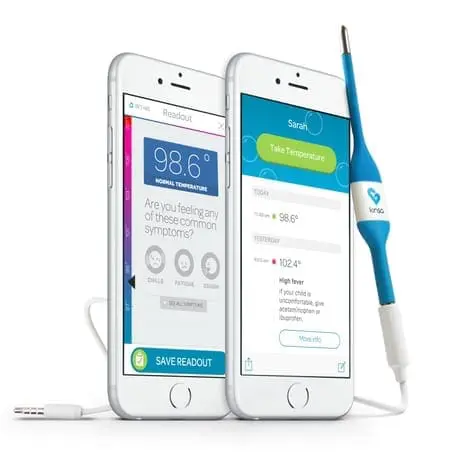Kinsa smart thermometer and health tracker shown with two smartphones.