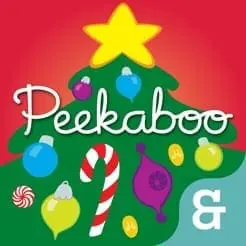 Peekaboo Presents holiday logo with a Christmas tree and ornaments.