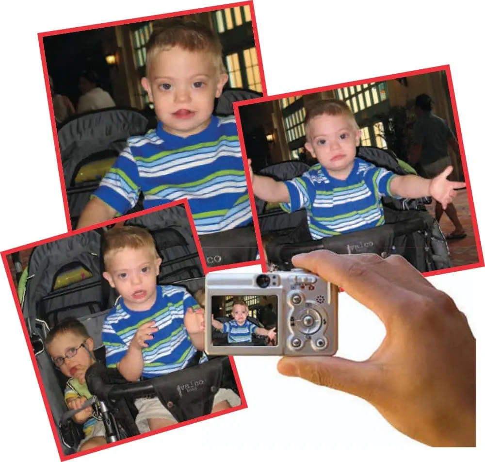 Three photos of a young boy in a stroller, with a hand holding a camera displaying one of the photos.